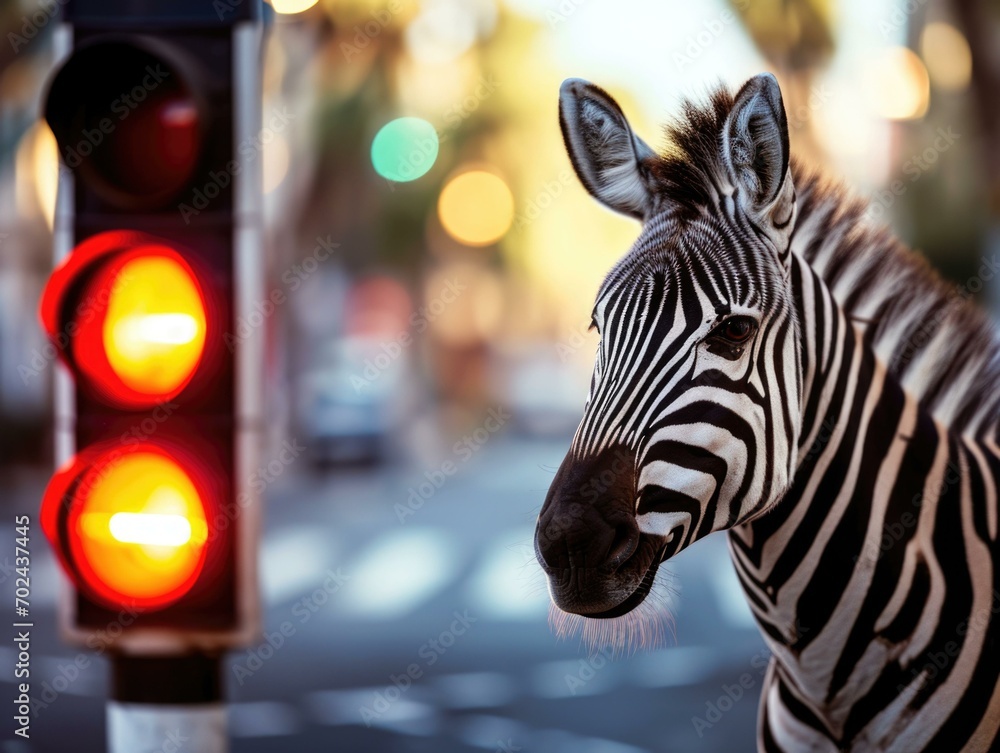 Poster a zebra standing next to a traffic light. generative ai.