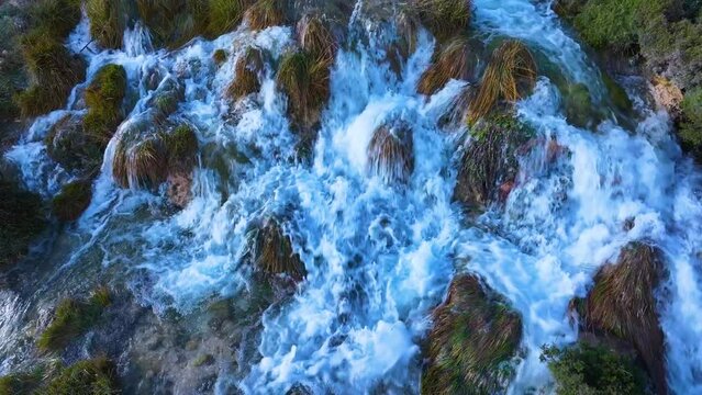 Villaescobedo waterfall in winter in the Las Loras Geopark. UNESCO. Town of Villaescobedo. Pamos region. Burgos province. Castile and Leon. Spain. Europe