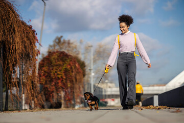 A young trendy woman in a walk with her dog friend on a city street.