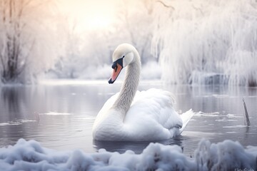 Elegant swan on a snowy lakeshore with falling snowflakes, serene and graceful. Ideal for nature and wildlife photography. 