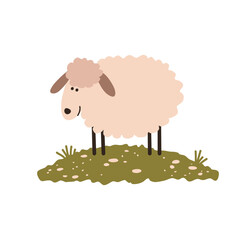 Cute happy sheep standing on the grass rocky lawn. Hand drawn sheep character. Vector illustration