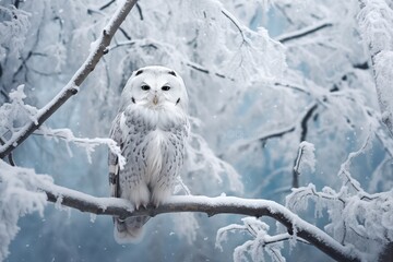 A snowy owl perches silently amidst a winter wonderland, embodying the quiet of the season. Ideal for wildlife and conservation education. 