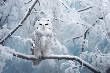Fotobehang A snowy owl perches silently amidst a winter wonderland, embodying the quiet of the season. Ideal for wildlife and conservation education.  © Mariana