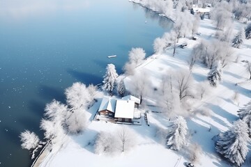 Secluded cabin by a frozen lake surrounded by snowy trees, a winter escape. Great for travel and lifestyle imagery. 