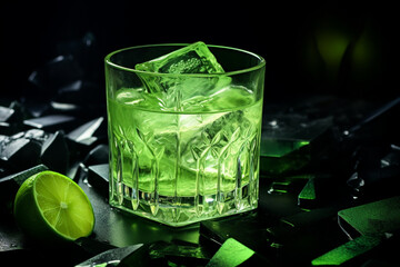 Glass of absinthe lime and ice on green background
