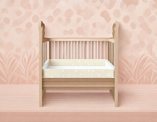 A wooden baby crib with front rail off, and pink textured background, in a cut paper collage style. Generative AI

