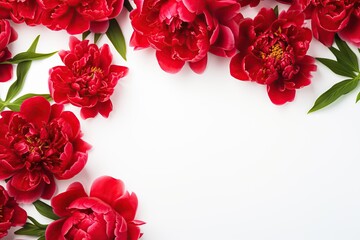 Flat lay of red peony flowers with copyspace on white background
