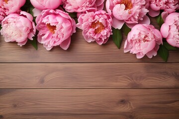 Flat lay of pink peony flowers with copyspace on wooden background