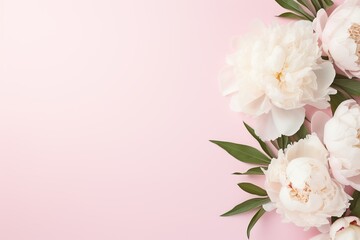 Flat lay of white peony flowers with copyspace on pink background