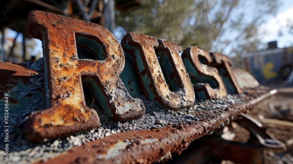 Fototapete a rusty sign with the word rust on it sitting in a field, ai