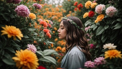 Naklejka premium Girl in flowers garden.