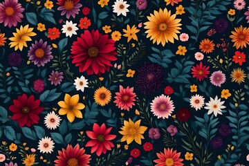 Colorful flower arrangements come to life in a vibrant illustration set against a dark background. The pattern showcases the beauty of various flowers in a realistic and captivating composition.