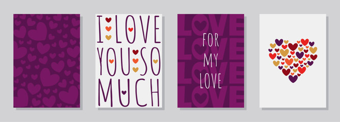 Happy Valentine's Day cards set. Vector illustration. Flat design on a white or purple background. Cute love sale banners or greeting cards