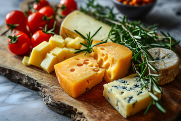 tasty gourmet cheese plate with cheddar, brie, roquefort, gorgonzola, rosemary and tomatoes on a wooden board