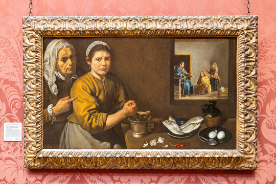 London, UK - May 19,2023: Kitchen Scene with Christ in the House of Martha and Mary painting by Diego Velázquez, exposed at National Gallery of London, England, United Kingdom