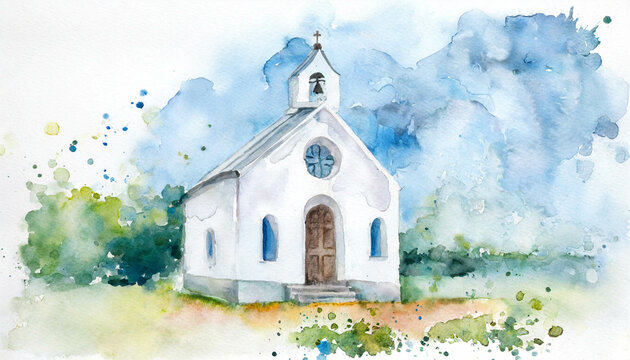 A white church with steeple, in a colorful watercolor style. Generative AI
