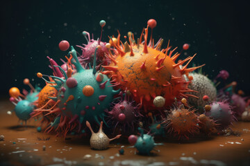 Close-up of red and yellow viruses on a dark background.
