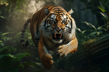 Majestic Tiger in Leap running in the jungle