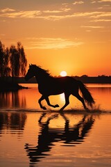 Silhouette of horse running on water with sunset sky