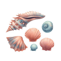 Colorful sea shell watercolor paint. Vector Illustration
