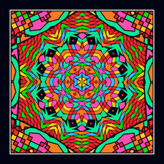 An original ornament for a square scarf, tablecloth, wall panel or any other decorative object. Contrasting color palette. Version No. 2. Vector illustration