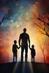 Silhouette of family standing sunset background polygonal style Low-Poly Background with Polygonal...