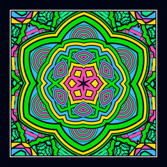 An original ornament for a square scarf, tablecloth, wall panel or any other decorative object. Contrasting color palette. Version No. 6. Vector illustration