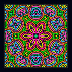 An original ornament for a square scarf, tablecloth, wall panel or any other decorative object. Contrasting color palette. Version No. 5. Vector illustration