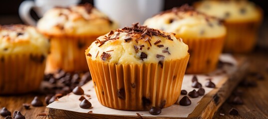 Delicious homemade chocolate chip muffins on defocused kitchen background with copy space for text