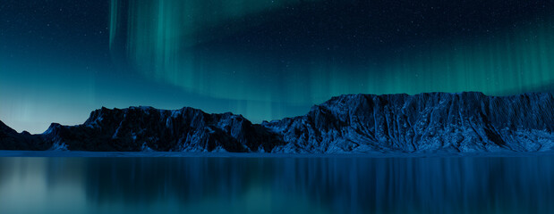 Majestic Sky with Aurora and Stars. Blue Northern Lights Banner with copy-space.