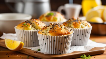 Delicious homemade lemon poppy seed muffins with blurred kitchen background and copy space - obrazy, fototapety, plakaty