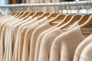 Fototapeta premium Pastel beige sweaters on hangers in a store.