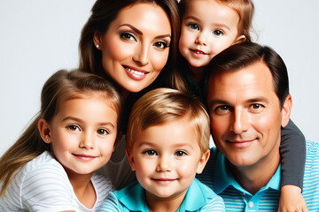 Obraz premium Mom and dad with three small children, close-up. Family portrait, the concept of family relations. The program of state support for families with children