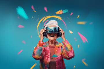 Femme âgée portant un casque de réalité virtuelle, ou réalité augmentée. Femme aux cheveux gris avec des lunettes VR. Réalité augmentée et concept NFT. Fond bleu