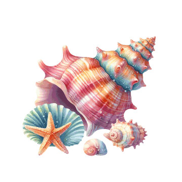Colorful sea shell watercolor paint. Vector Illustration