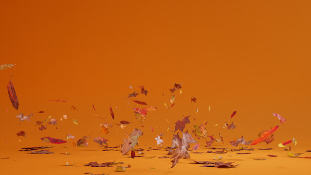 Holiday Background with Fall Leaves blowing in the wind. Orange Banner with copy-space.
