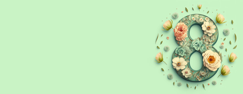 Premium Botanical Banner to Celebrate International Woman's Day. Green Floral Design with Number 8, Flowers and copy-space. Generative AI.