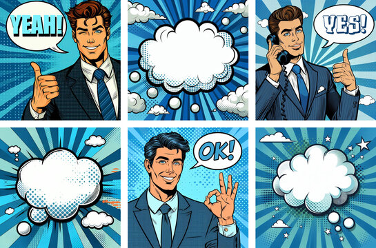 comics style pop art tons bleu hommes dans différentes situations et avec différentes émotions : pouce en l'air, super, "Ok", nuages vierges blancs, 6 bulles de bande dessinée, BD, "Yes", "Yeah"