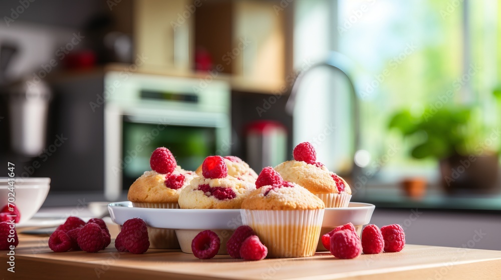 Aufkleber easy homemade raspberry muffins on blurred background with copy space for text placement.