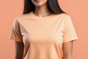 Woman in peach fuzz colored tshirt, can be used for design, mock up. The trending color of 2024.