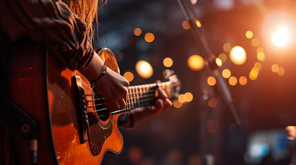 A woman musician confidently playing the guitar on stage, confident women, blurred background, with copy space