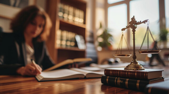 A woman lawyer in her office with law books, confident women, blurred background, with copy space