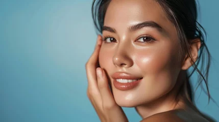 Foto op Plexiglas Skin care. Woman with beauty face touching healthy facial skin portrait. Beautiful smiling asian girl model with natural makeup touching glowing hydrated skin on blue background closeup © BackgroundHolic