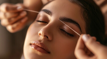 A woman receiving an expert eyebrow threading service, woman undergoing beauty treatments, blurred background, with copy space