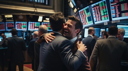 Euphoric stockbrokers celebrating a profitable investment in the stock market with a hug. Successful entrepreneurs. Generative AI