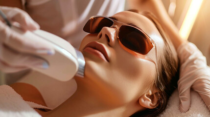 A woman undergoing a laser hair removal procedure, woman undergoing beauty treatments, blurred background, with copy space - obrazy, fototapety, plakaty