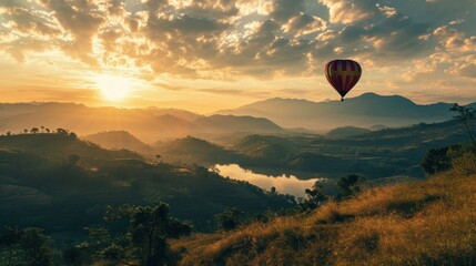  Golden Sunrise with Hot Air Balloon Over Serene Mountain Landscape. Generative AI.