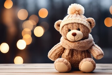 Brown teddy bear wearing a winter sweater sits on a wooden background