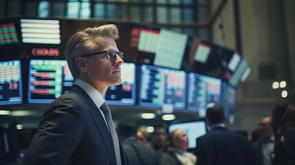 Portrait of a Handsome Adult Stock Exchange Broker Working in the Hall, Analyzing Exchange Market Charts. Professional Investment Agent in Office. Generative AI