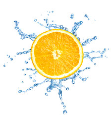 Slice of orange with water splash in front of white background